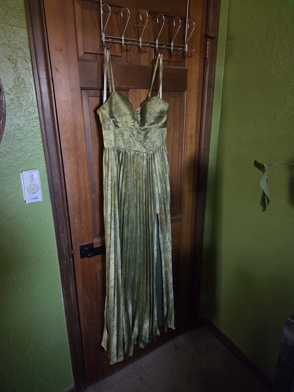 Azazie Olive Green Satin Pleated Maxi Dress with Spaghetti Straps